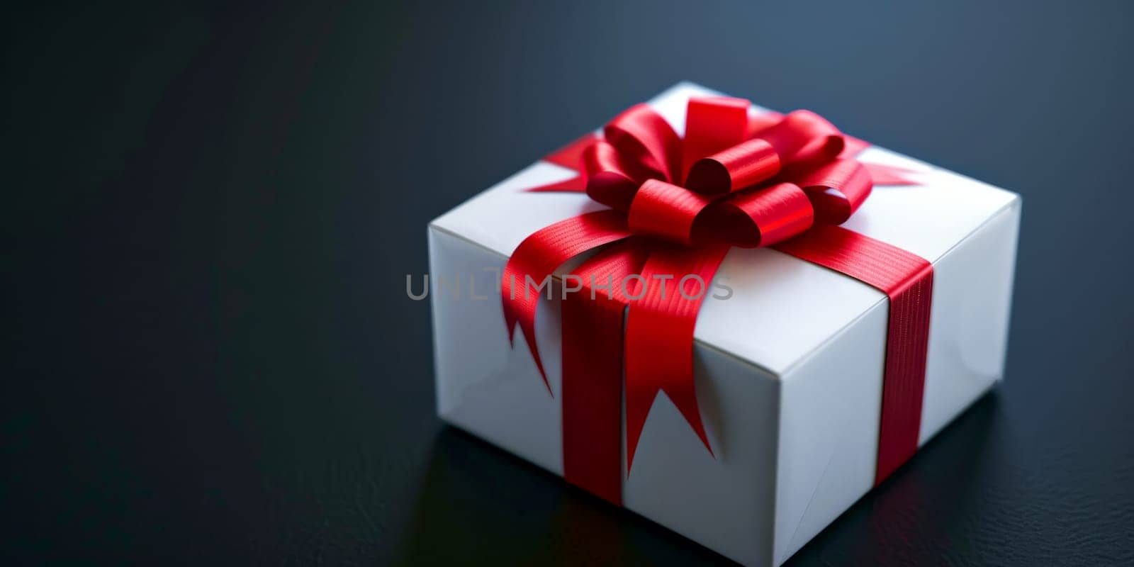 White gift box with red ribbon in black background. Generative AI.