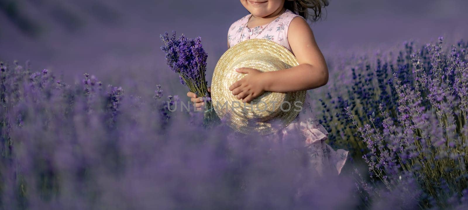 girl lavender field banner in a pink dress holds a bouquet of lavender on a lilac field. Aromatherapy concept, lavender oil, photo shoot in lavender.