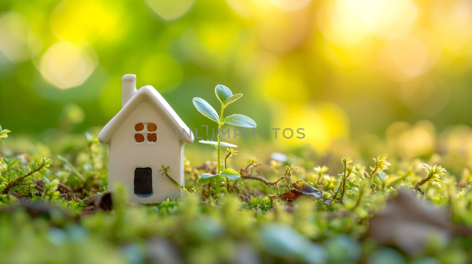 Spring background with a tiny toy house symbolizing family mortgage construction rental and property concepts. Neural network generated image. Not based on any actual person or scene.