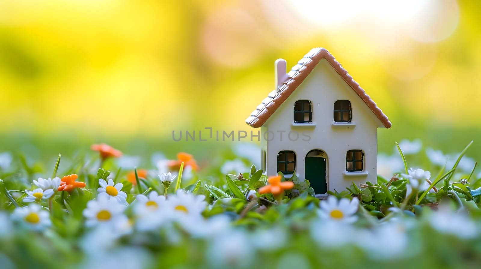 Spring background with a tiny toy house symbolizing family mortgage construction rental and property concepts. Neural network generated image. Not based on any actual person or scene.