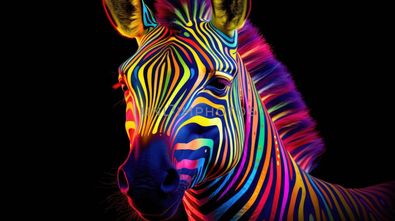 Multi-colored rainbow neon zebra on a black background. Modern design. by natali_brill