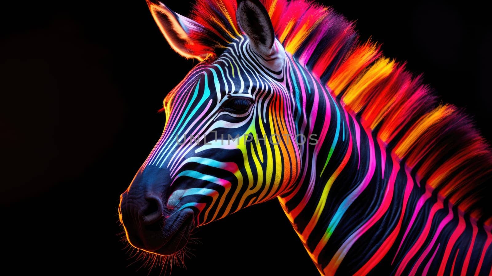 Multi-colored rainbow neon zebra on a black background. Modern design. by natali_brill