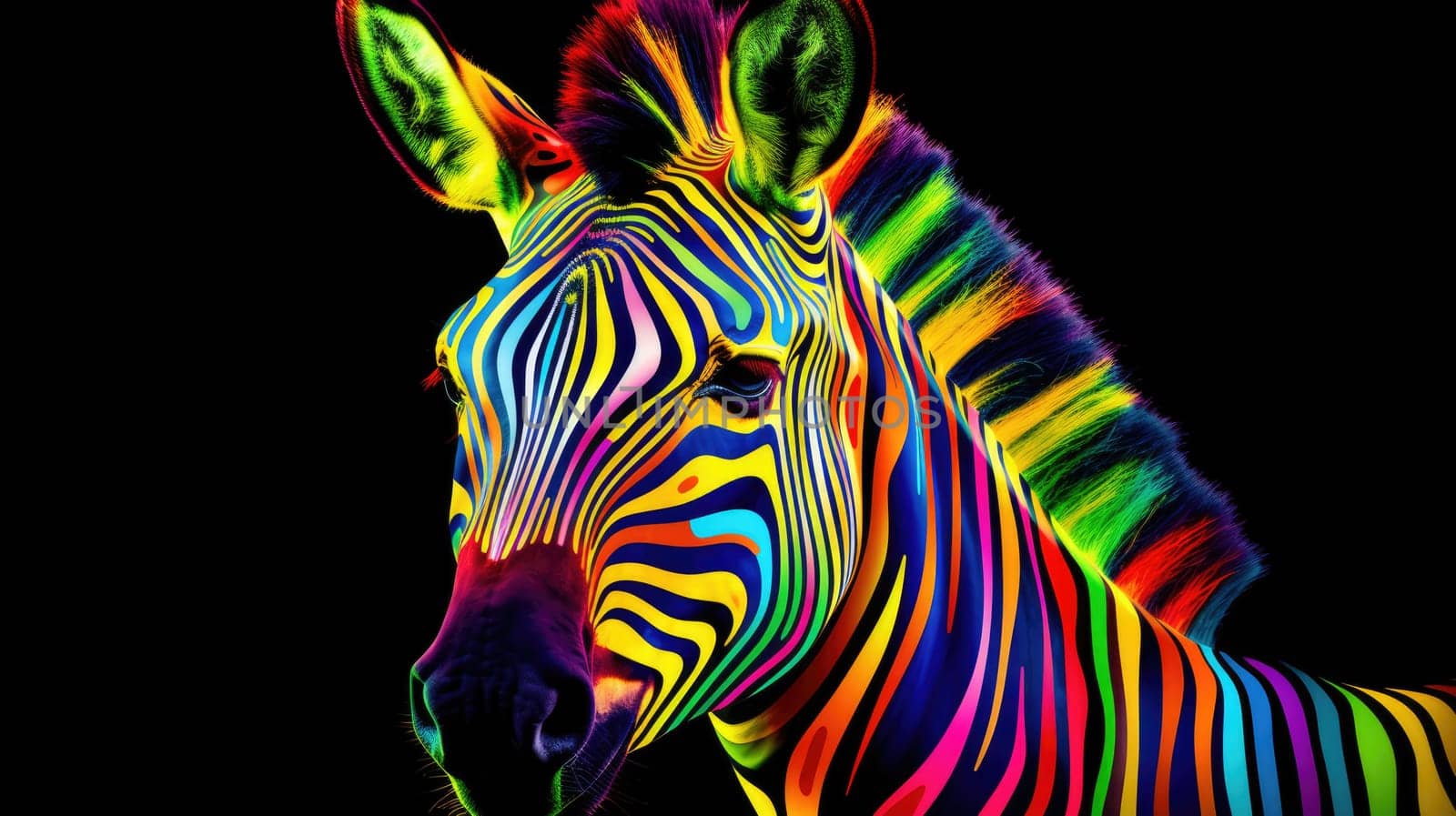 Multi-colored rainbow neon zebra on a black background. Modern design. Contemporary art. AI