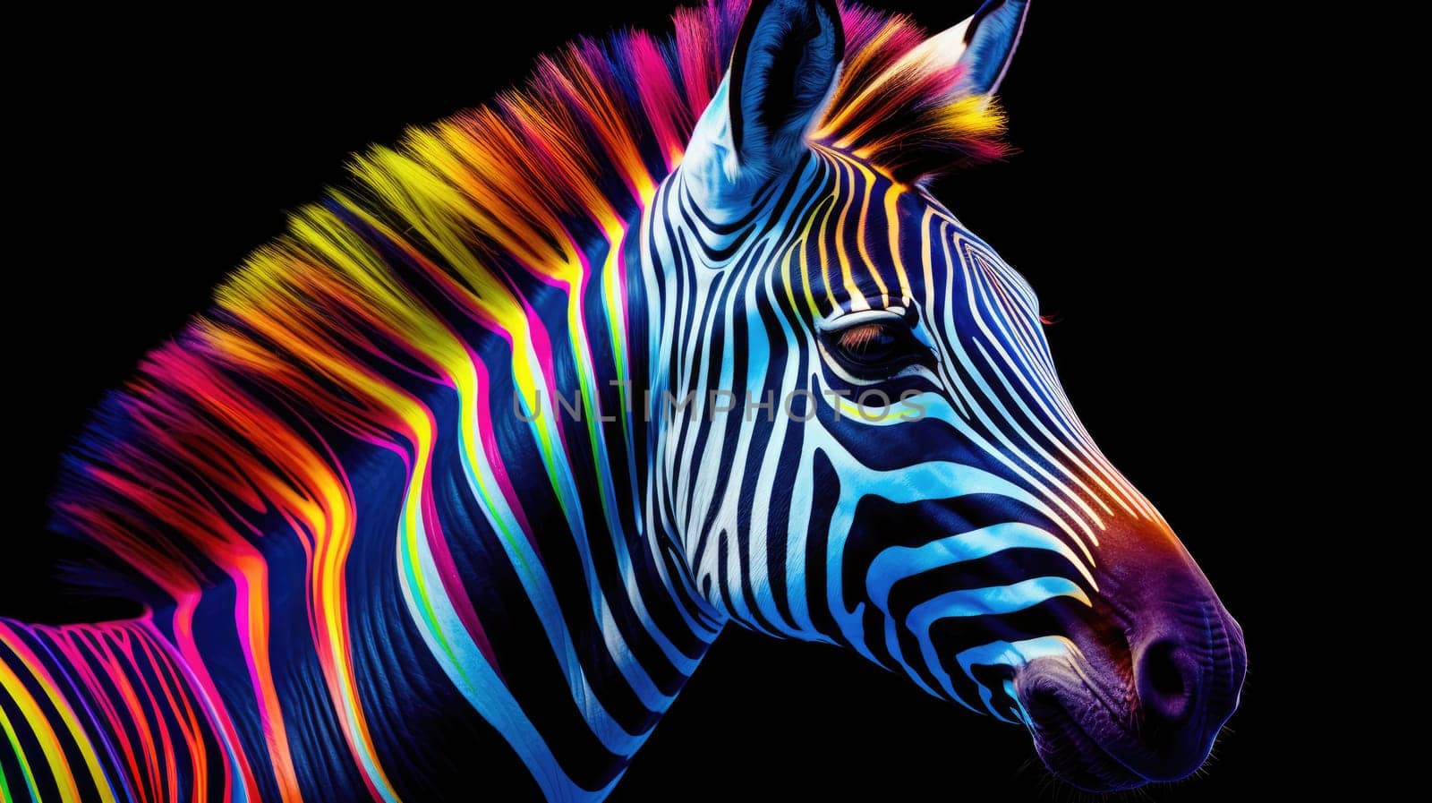 Multi-colored rainbow neon zebra on a black background. Modern design. by natali_brill