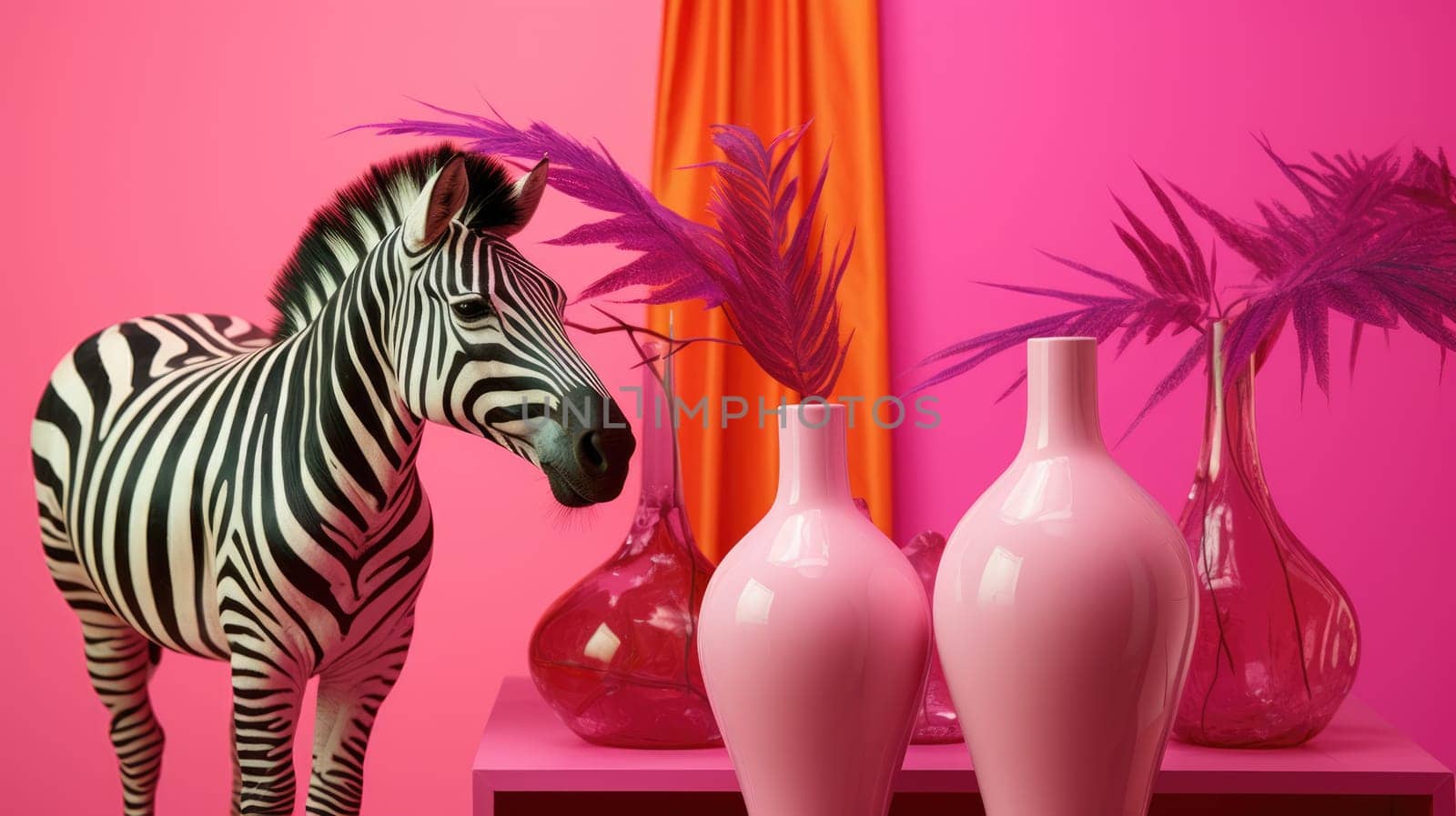 Multi-colored zebra on a pink background. Memphis style. Modern design. by natali_brill