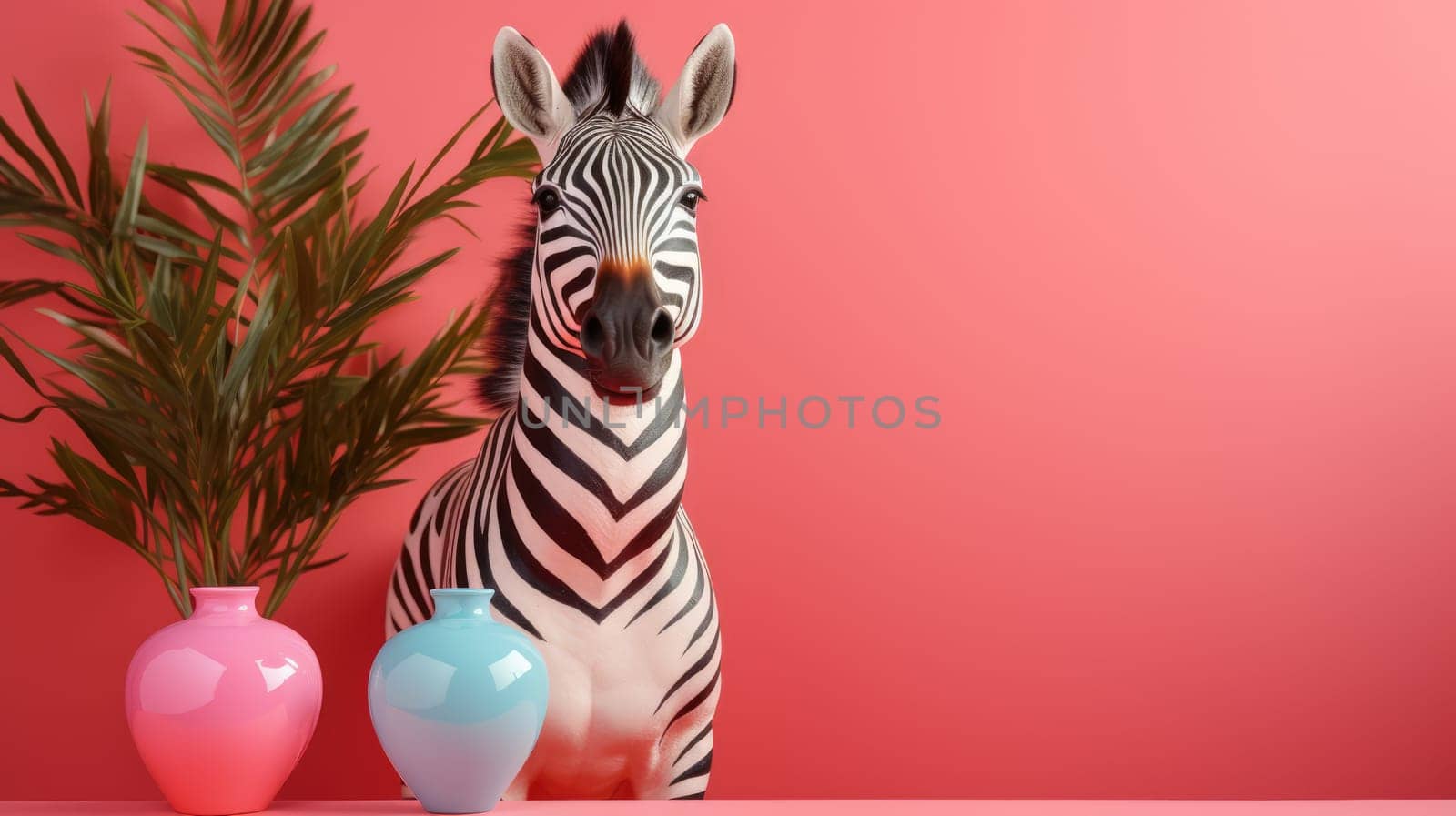 Multi-colored zebra on a pink background. Memphis style. Modern design. Contemporary art. AI