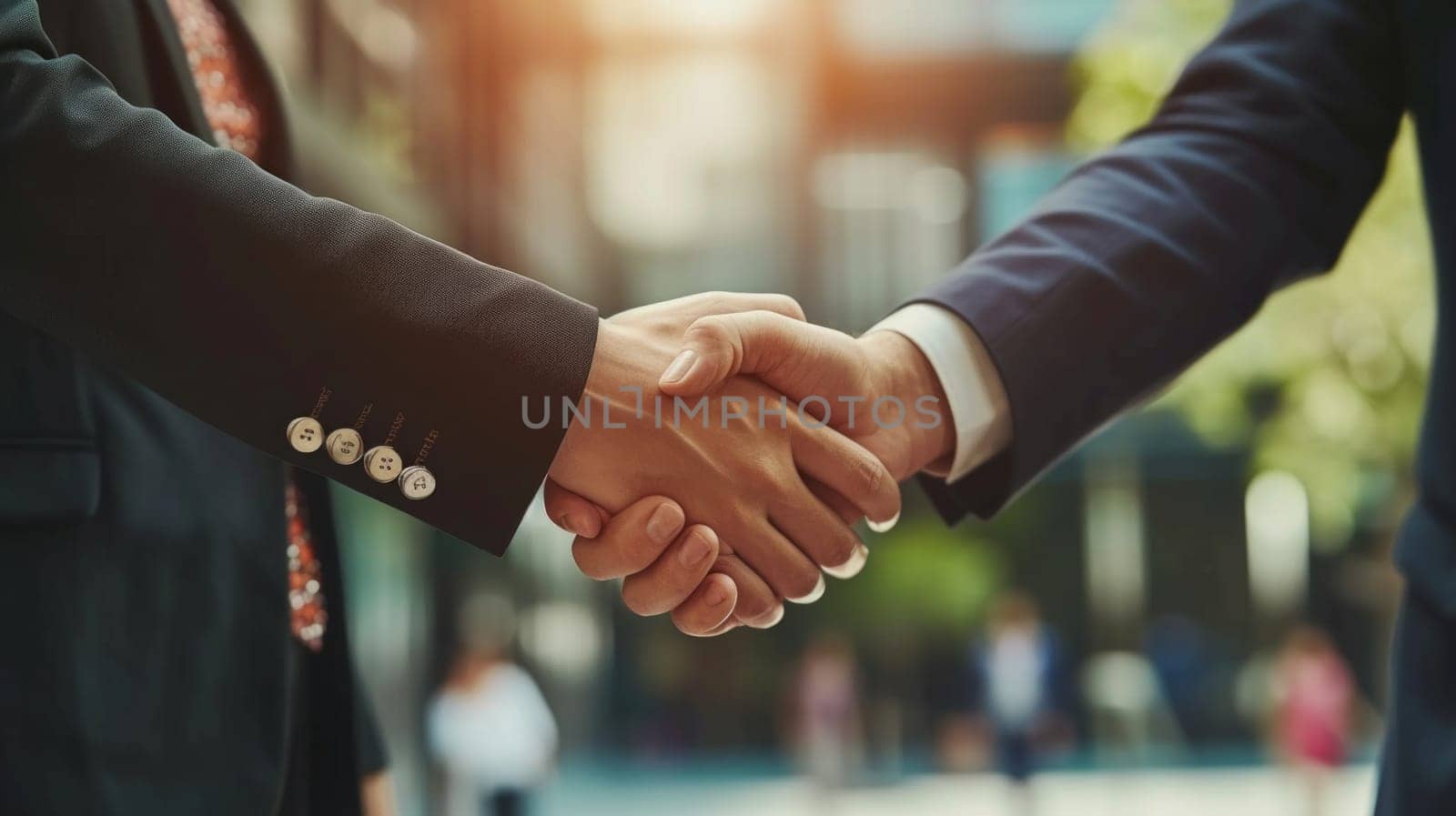 Close up of two business people dressed in formal suit shaking hands outdoors in front of their office.