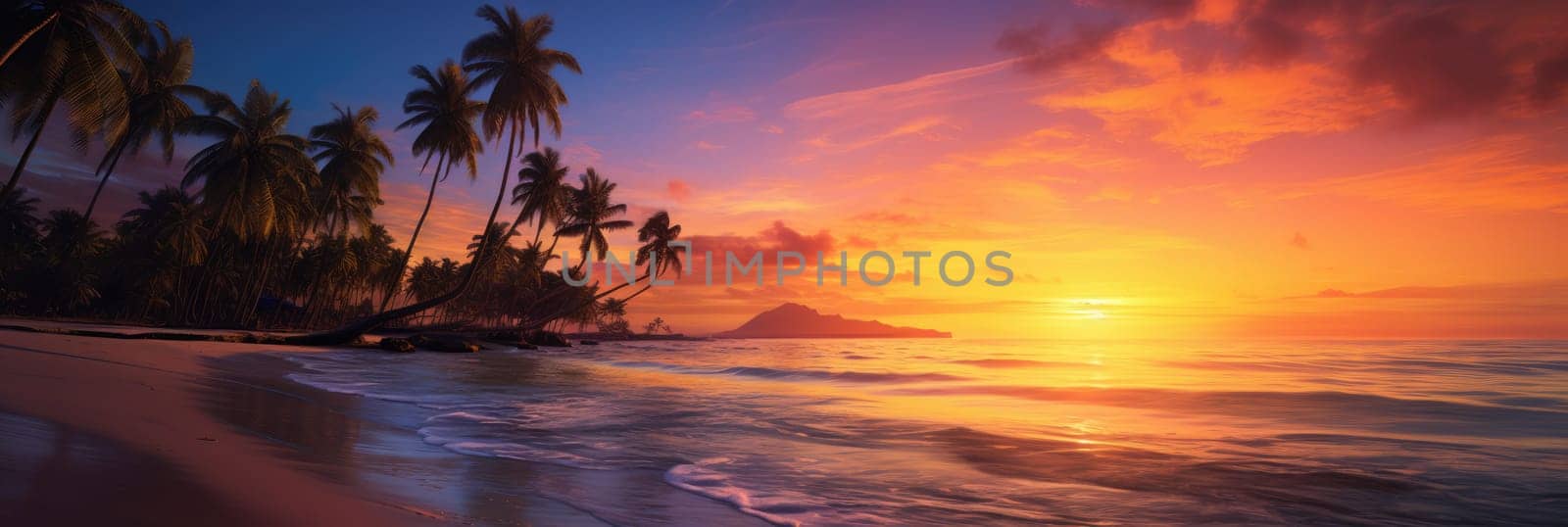 Amazing sunset on a sandy beach with palm trees in the background. by natali_brill
