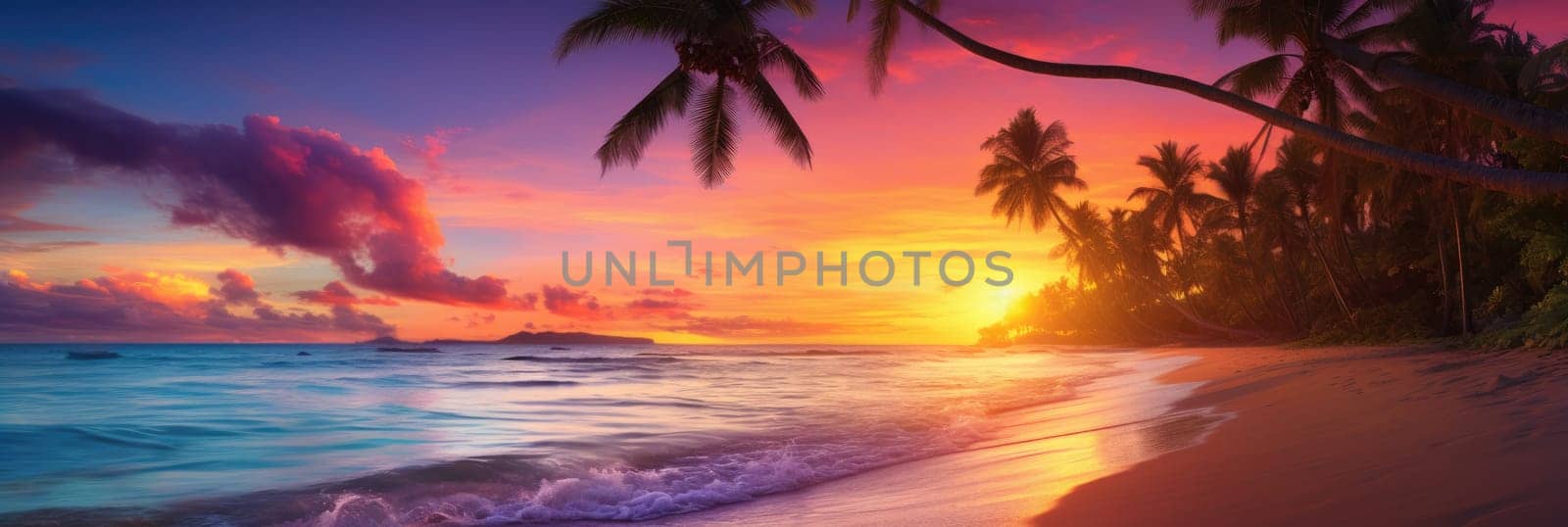 Amazing sunset on a sandy beach with palm trees in the background. by natali_brill