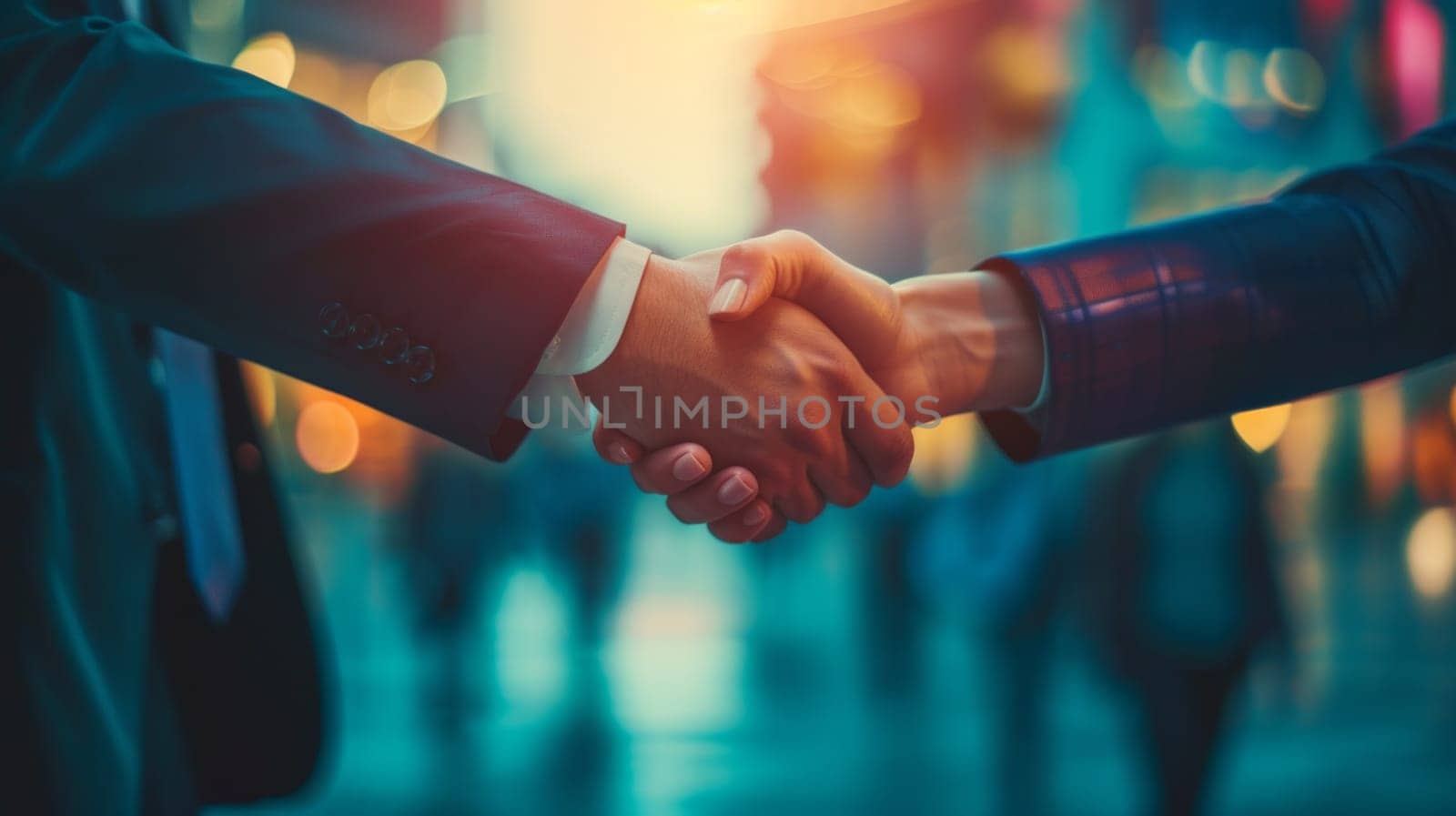 Close up of two business men shaking hands as a agreement outdoors in the city downtown , office area by papatonic