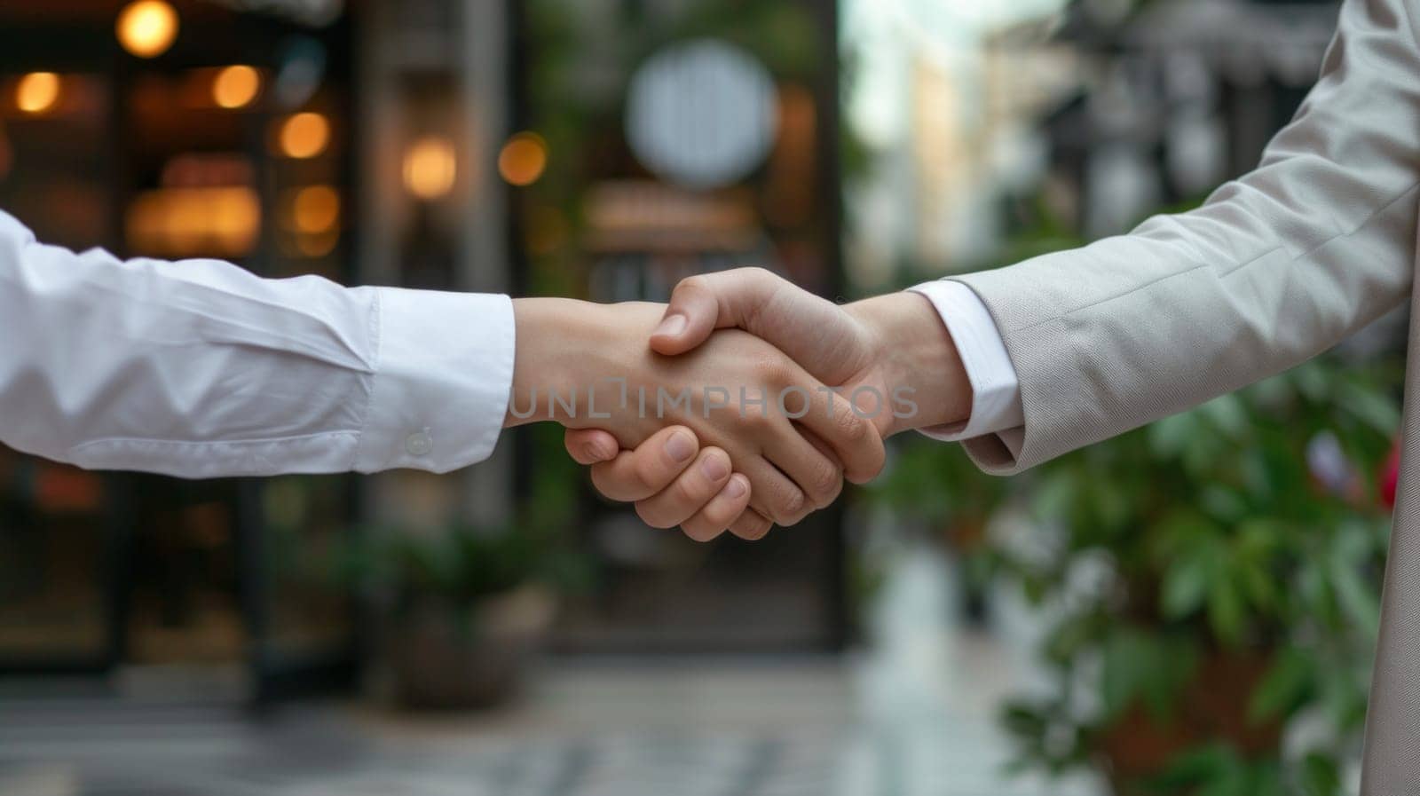 Close up of two business men shaking hands as a agreement in front of a restaurant by papatonic