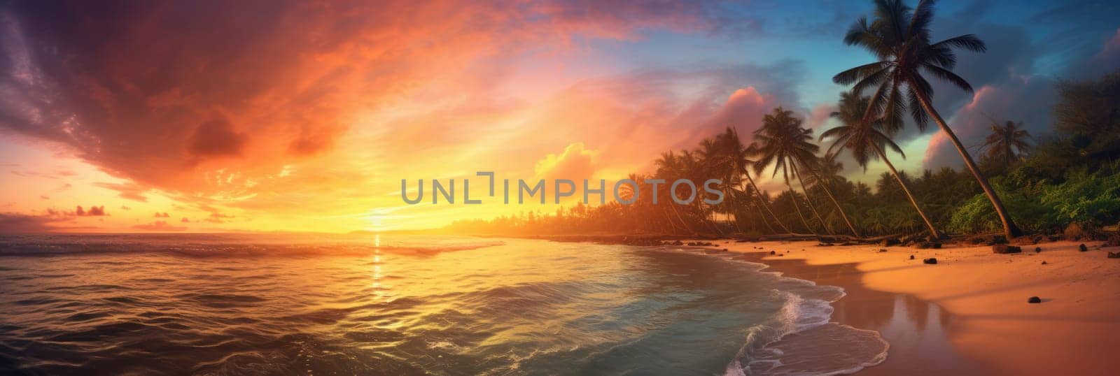 Amazing sunset on a sandy beach with palm trees in the background. Wide format banner AI