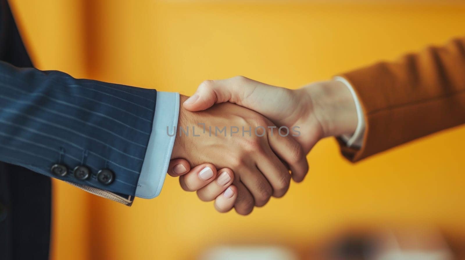 Close up of two business men shaking hands as a agreement isolated on yellow background by papatonic