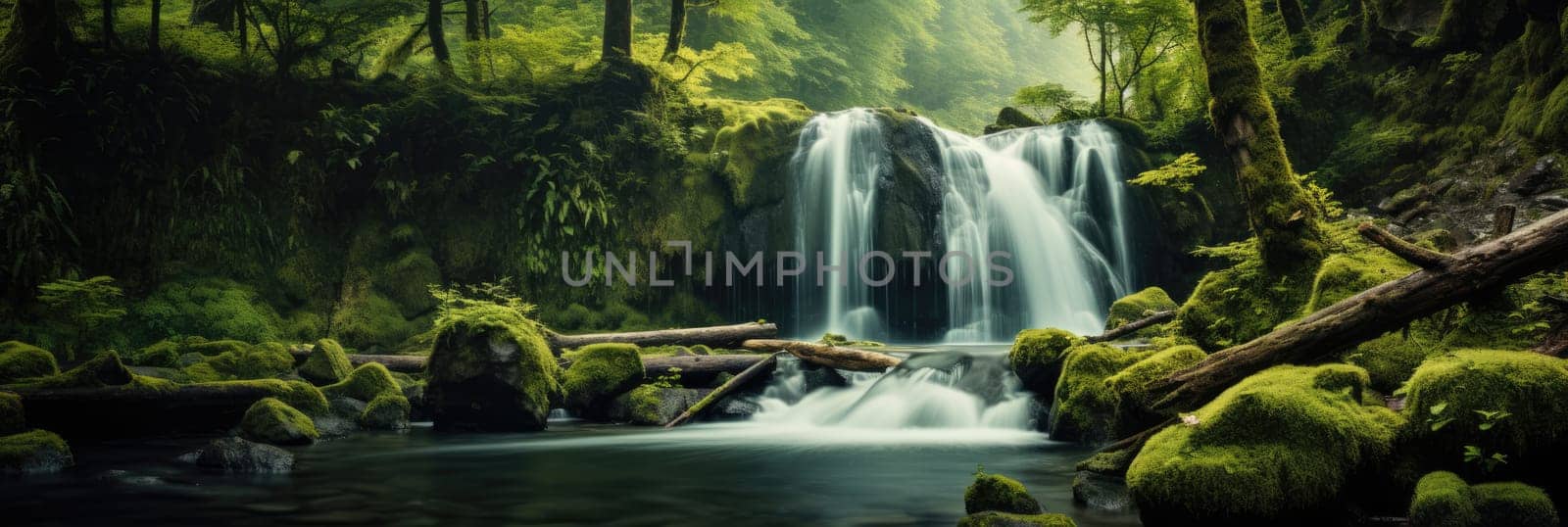 Beautiful waterfall surrounded by green forest. Wide format banner AI