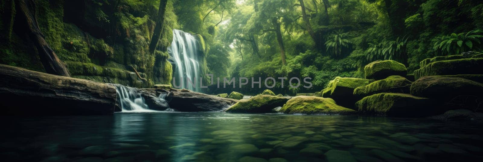 Beautiful waterfall surrounded by green forest. Wide format banner AI