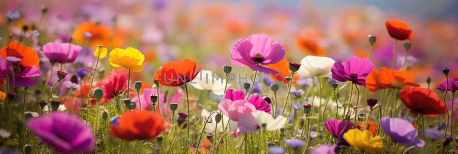 Beautiful cosmos flowers blooming in garden. Flower field blooming in spring. Wide format banner AI