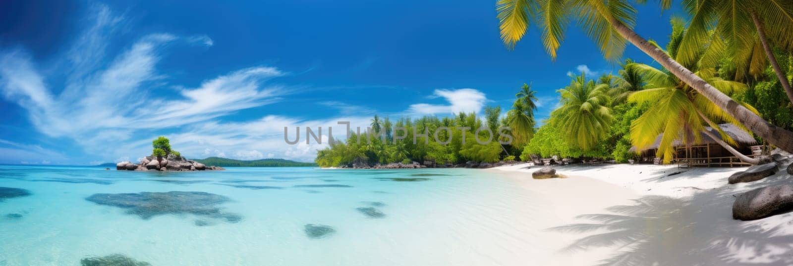 Tropical Paradise. Exotic beach with white sand and clear water. Wide format banner AI