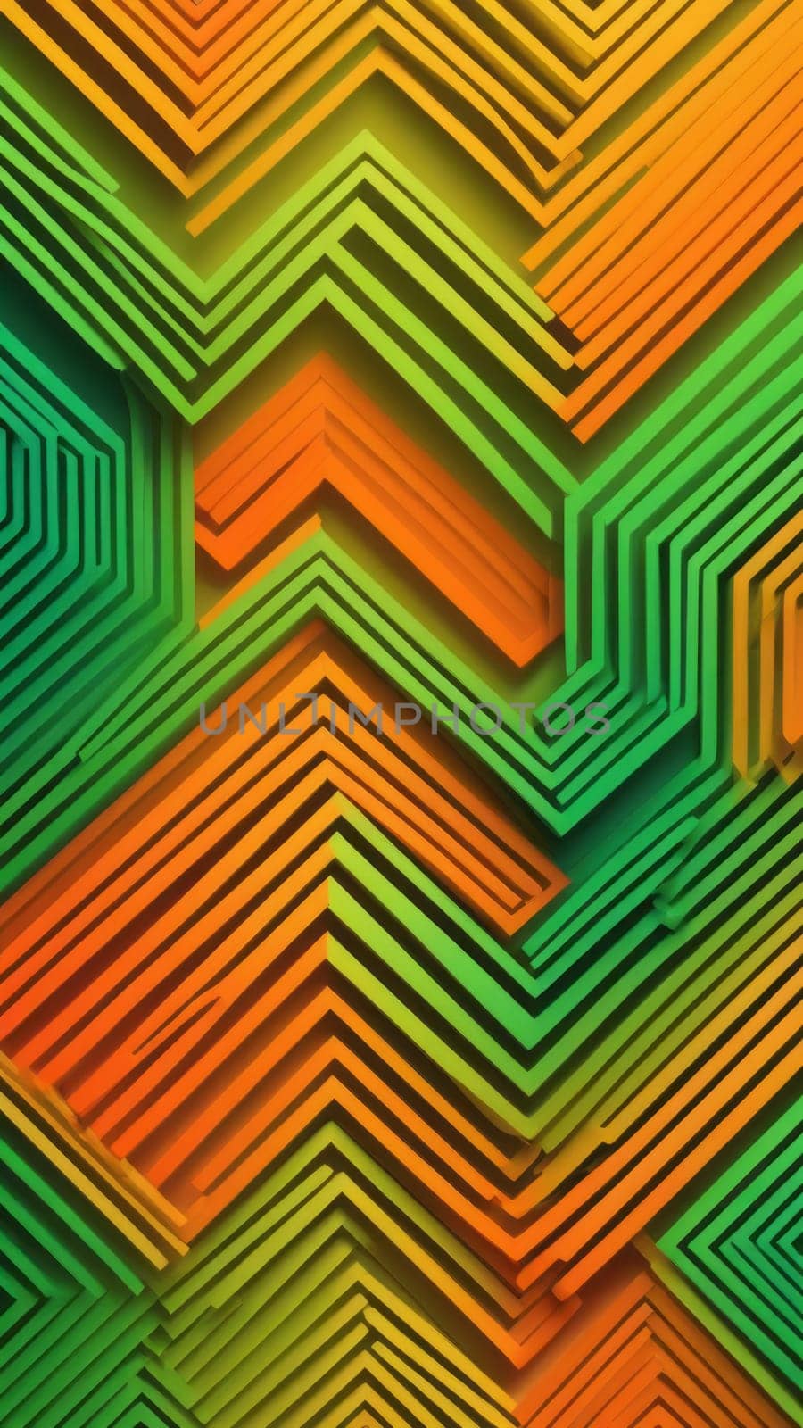 A gradient wallpaper with Labyrinth shapes using orange and mediumspringgreen gradient colors. Generative AI.