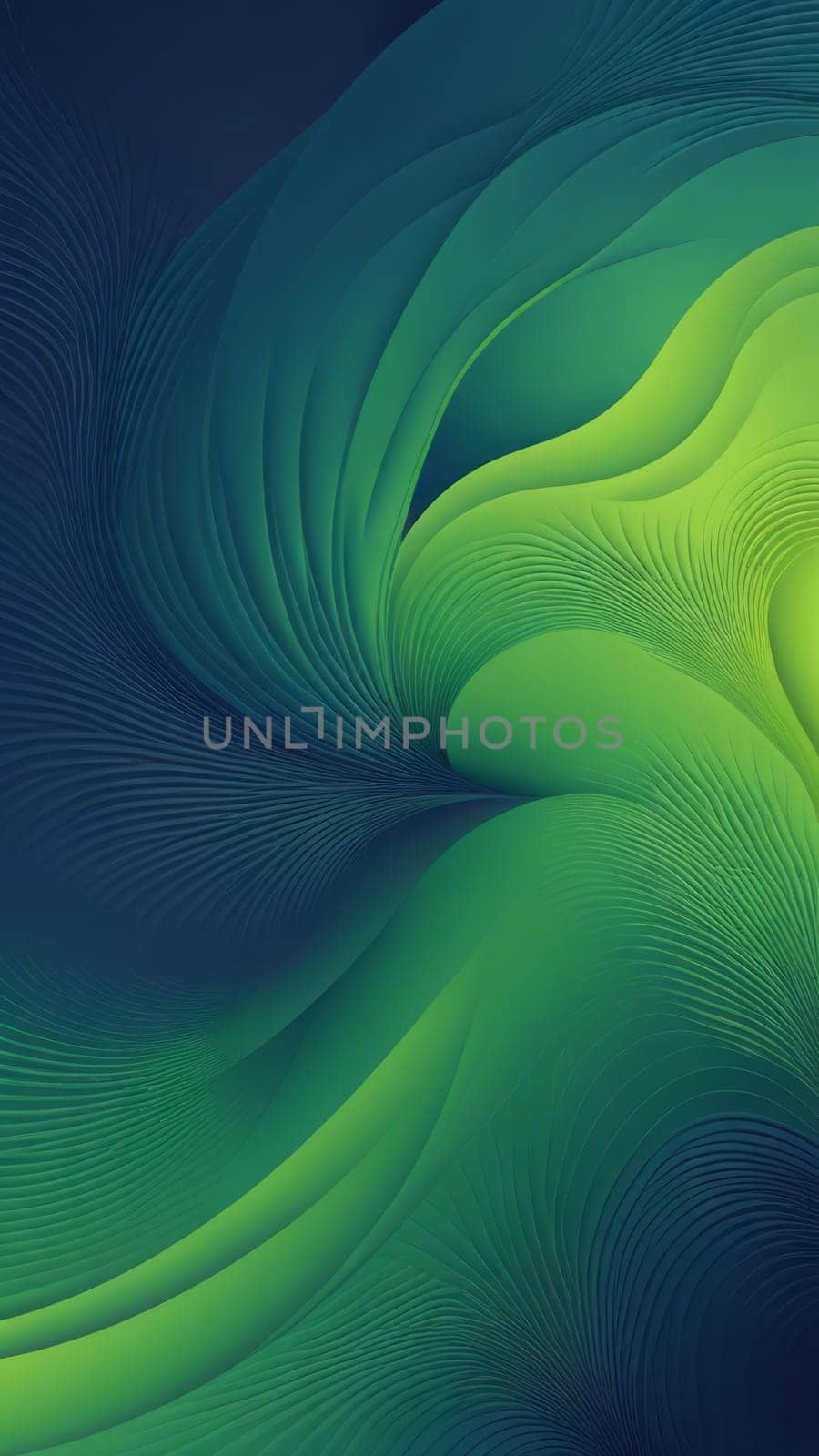 A gradient wallpaper with Fractal shapes using navy and lawngreen gradient colors. Generative AI.
