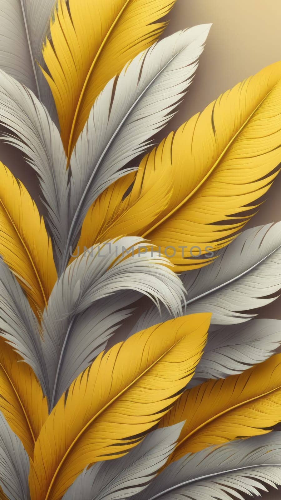 A gradient wallpaper with Feathered shapes using yellow and gainsboro gradient colors. Generative AI.