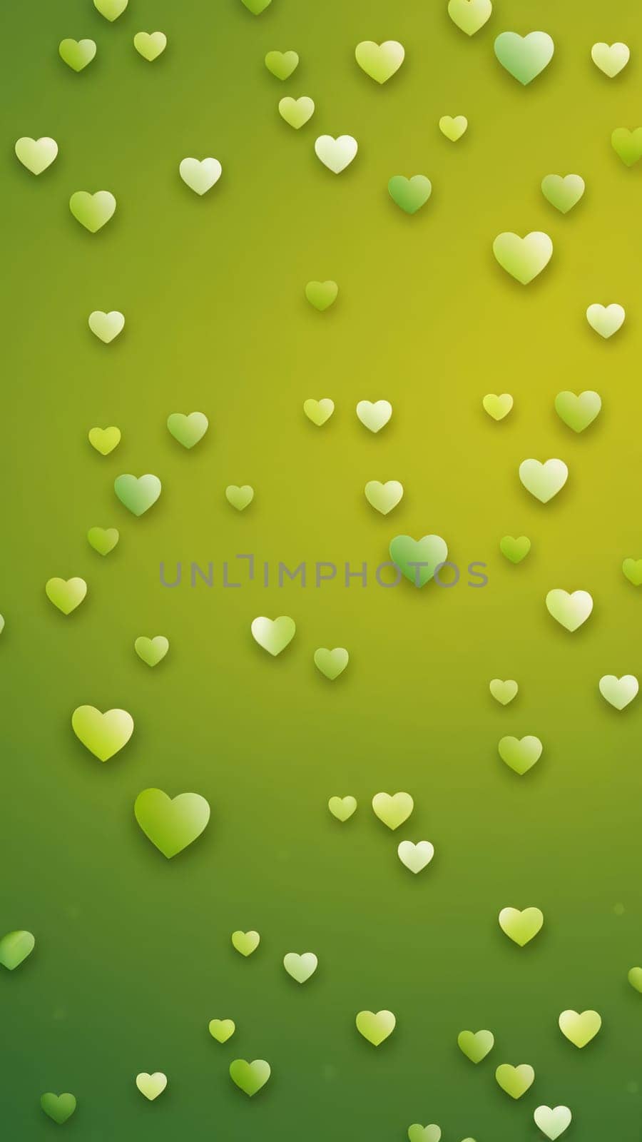 A gradient wallpaper with Heart shapes using olive and green gradient colors. Generative AI.