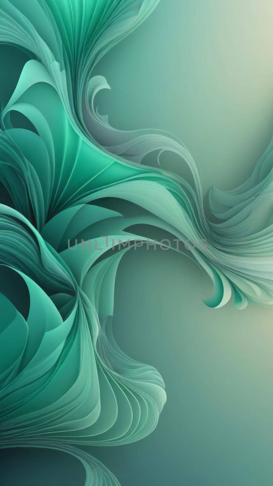 A gradient wallpaper with Fractal shapes using gray and mediumseagreen gradient colors. Generative AI.