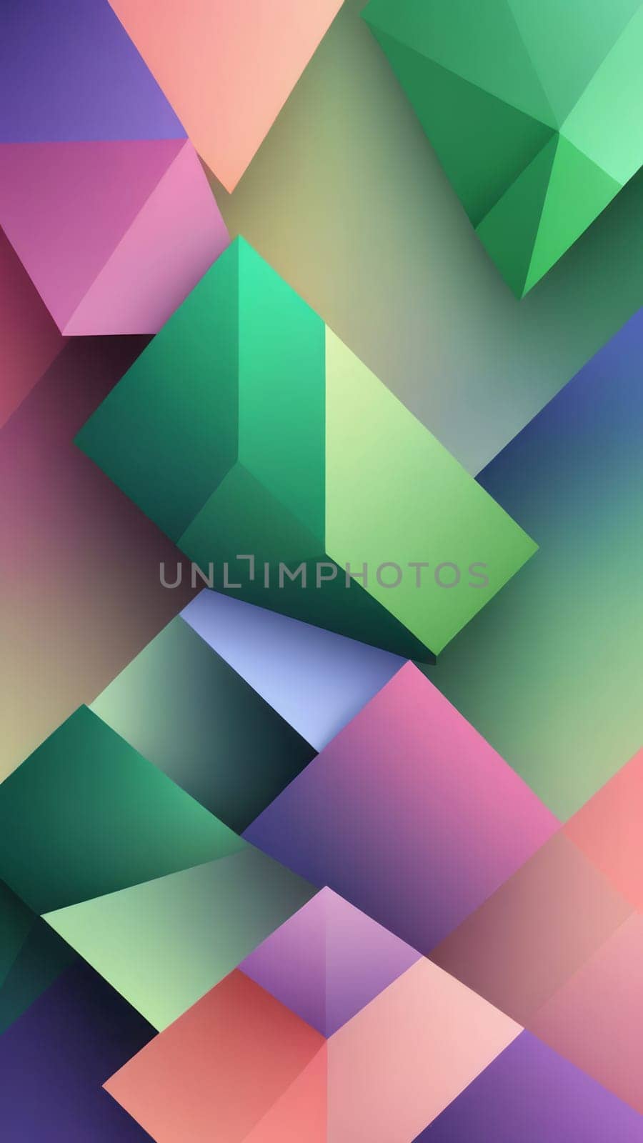 A gradient wallpaper with Cubist shapes using green and lavenderblush gradient colors. Generative AI.