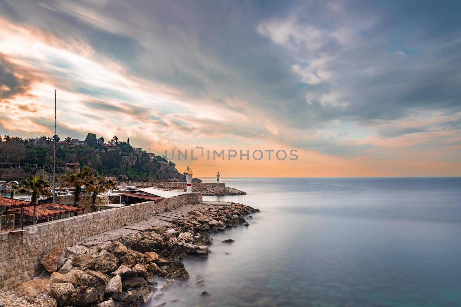 Antalya Old Town marina entrance photographed at sunrise with long exposure technique