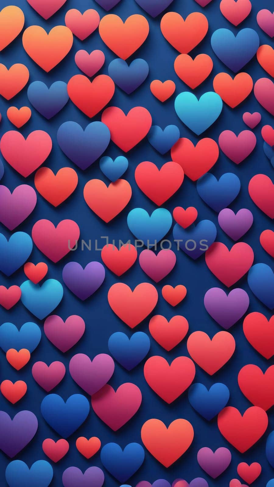 A gradient wallpaper with Heart shapes using navy and palevioletred gradient colors. Generative AI.