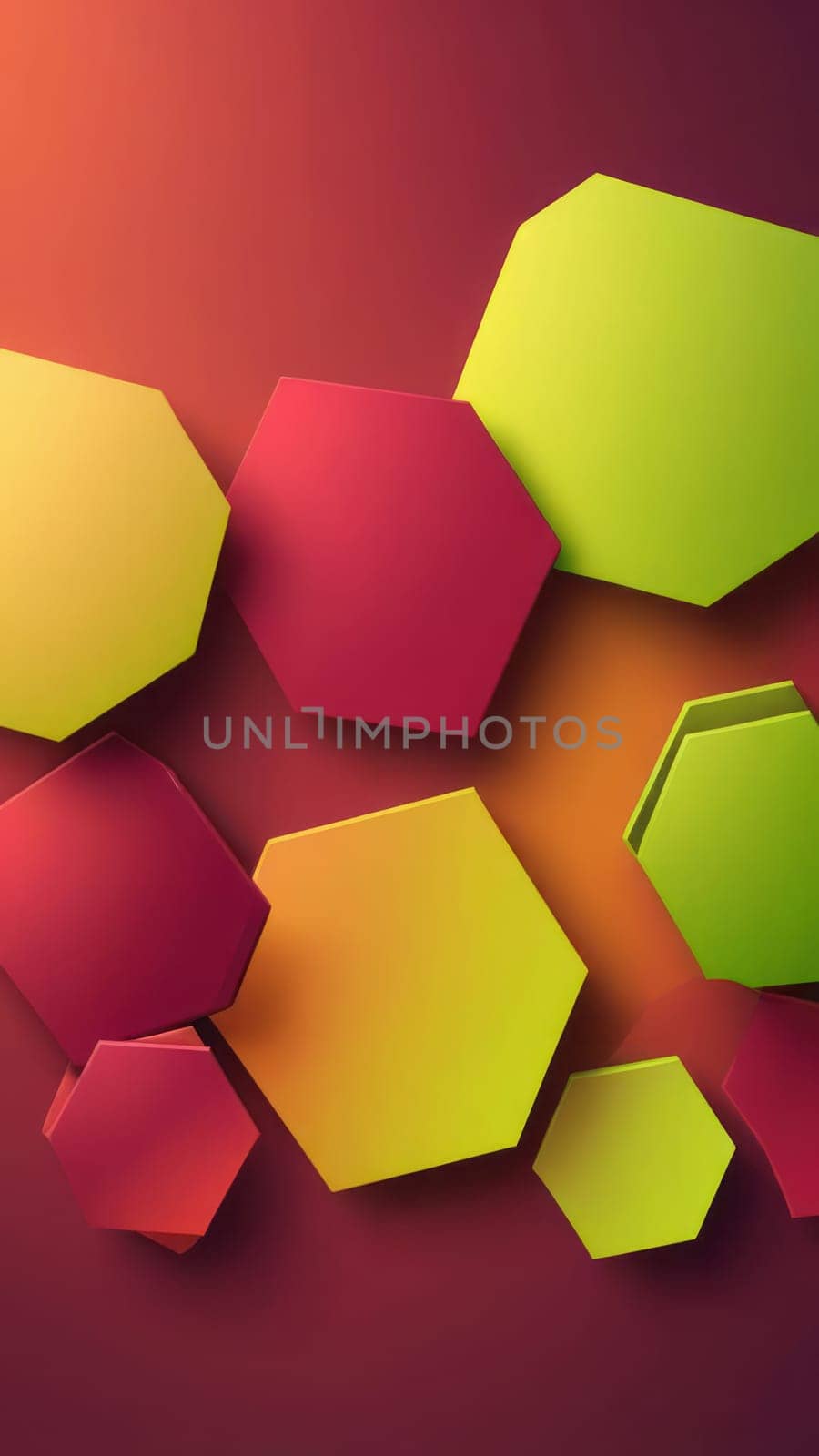 A gradient wallpaper with Hexagonal shapes using maroon and lime gradient colors. Generative AI.