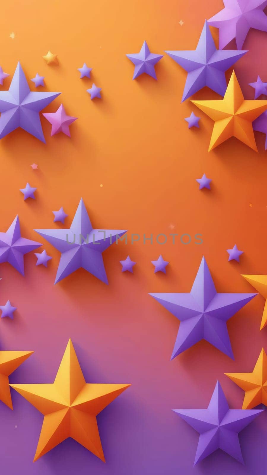 A gradient wallpaper with Star shapes using orange and lavender gradient colors. Generative AI.