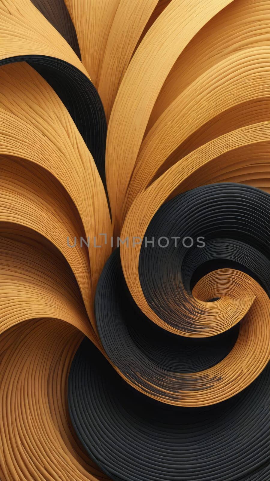 A gradient wallpaper with Coiled shapes using black and wheat gradient colors. Generative AI.