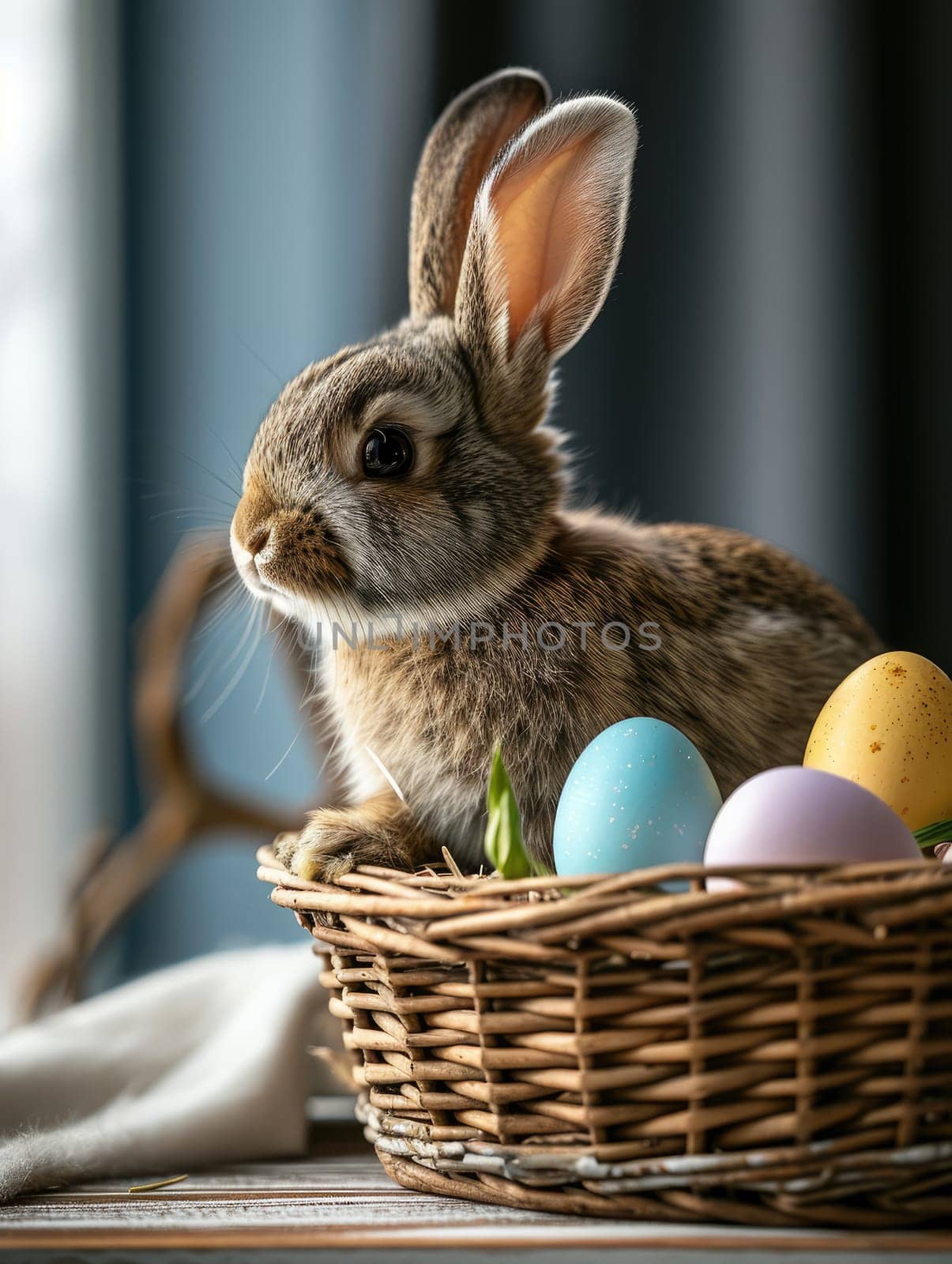 Cute Easter bunny in basket with eggs on dark background. AI generation. High quality