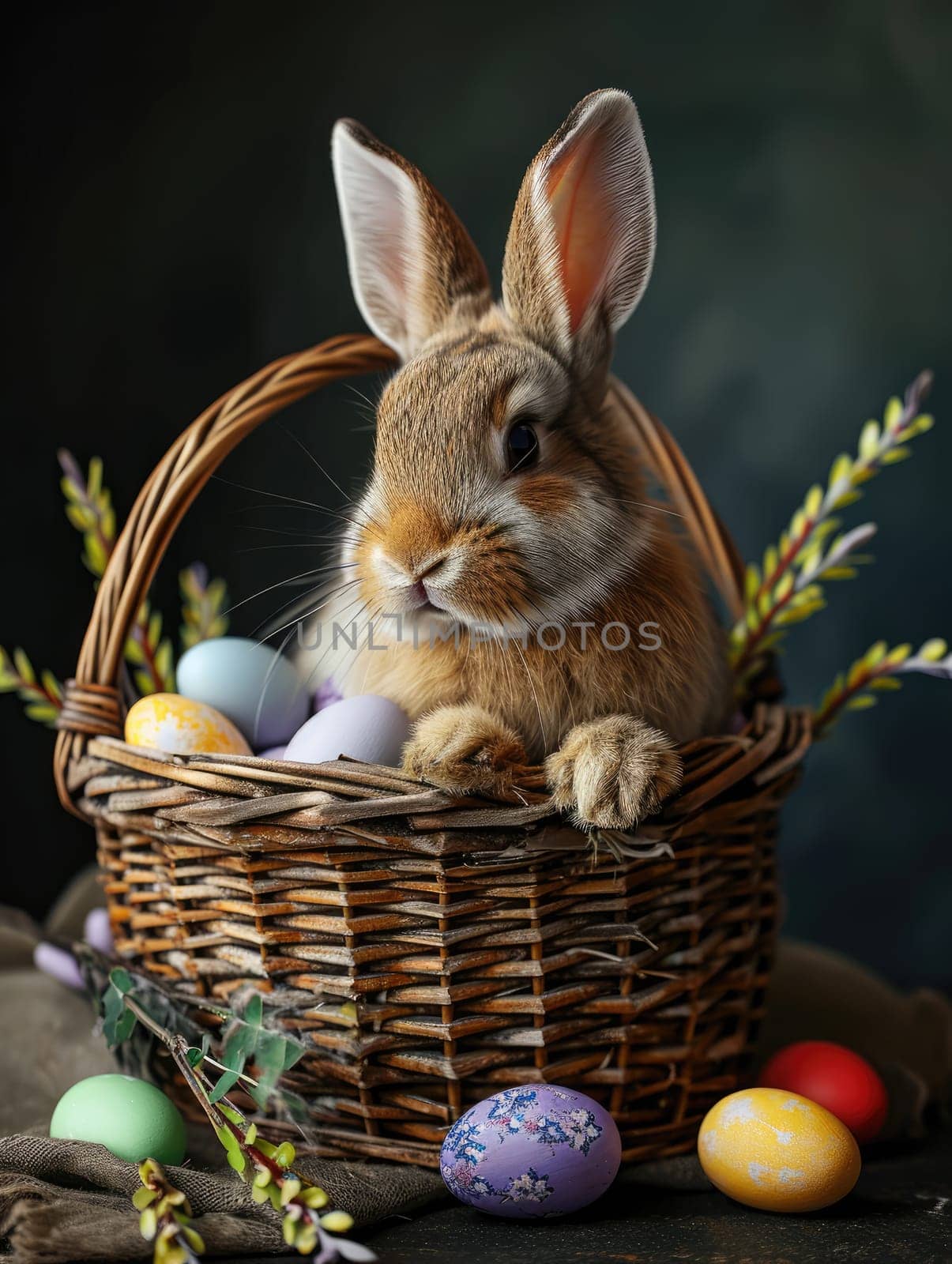 Cute Easter bunny in basket with eggs on dark background. AI generation by Lunnica