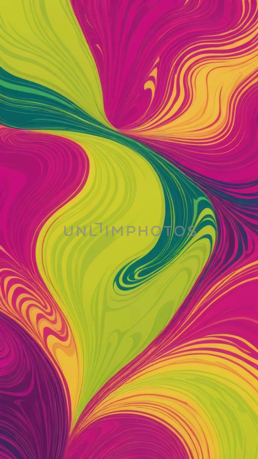 A gradient wallpaper with Marbled shapes using fuchsia and chartreuse gradient colors. Generative AI.