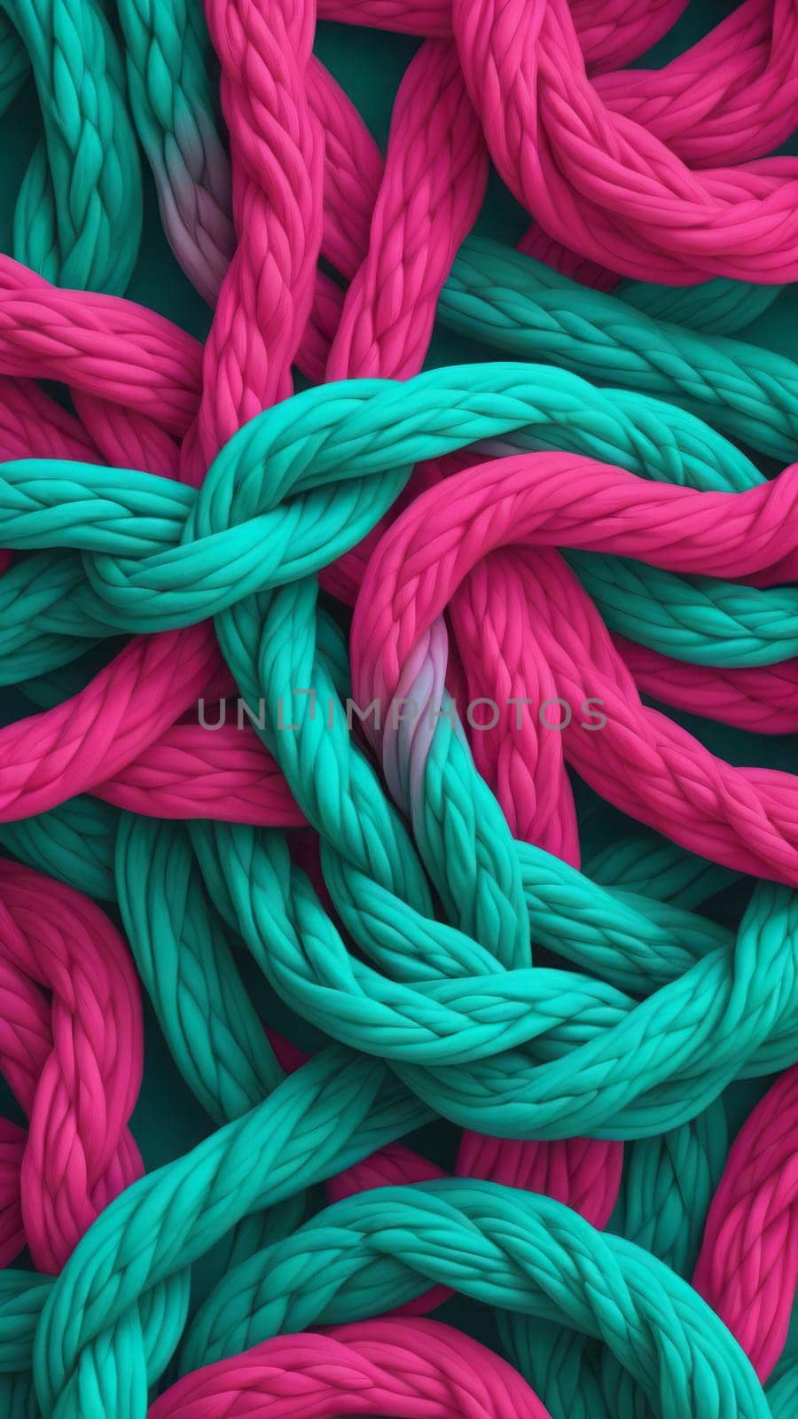 A gradient wallpaper with Knotted shapes using teal and hotpink gradient colors. Generative AI.