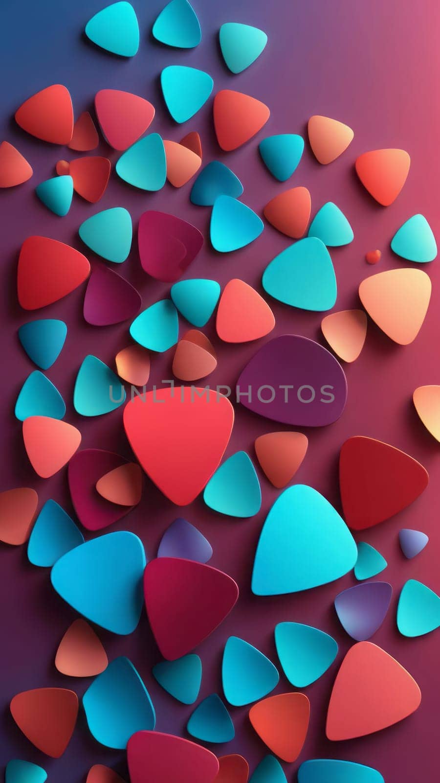 A gradient wallpaper with Plectrum shapes using maroon and lightblue gradient colors. Generative AI.