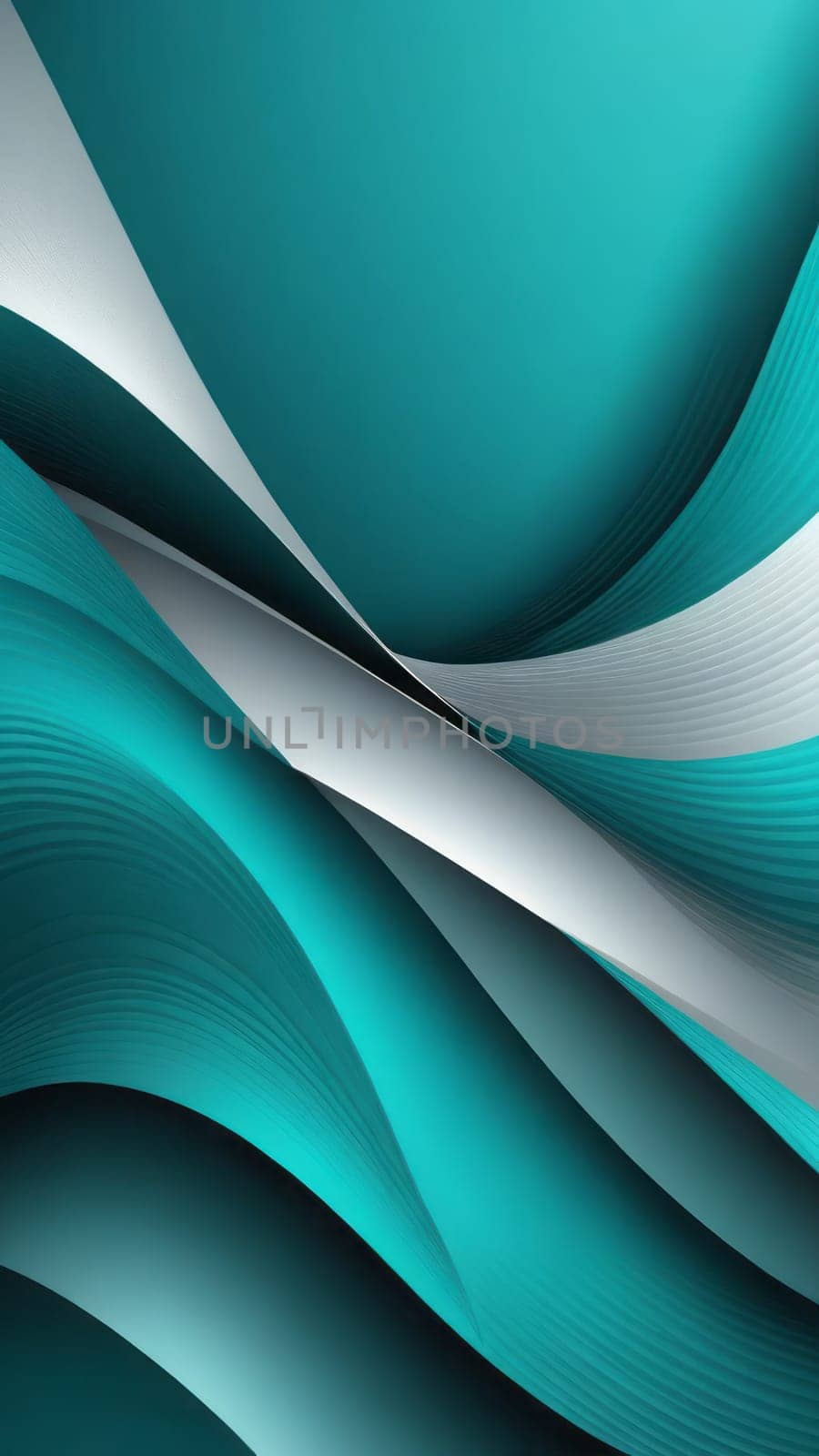 A gradient wallpaper with Distorted shapes using teal and silver gradient colors. Generative AI.