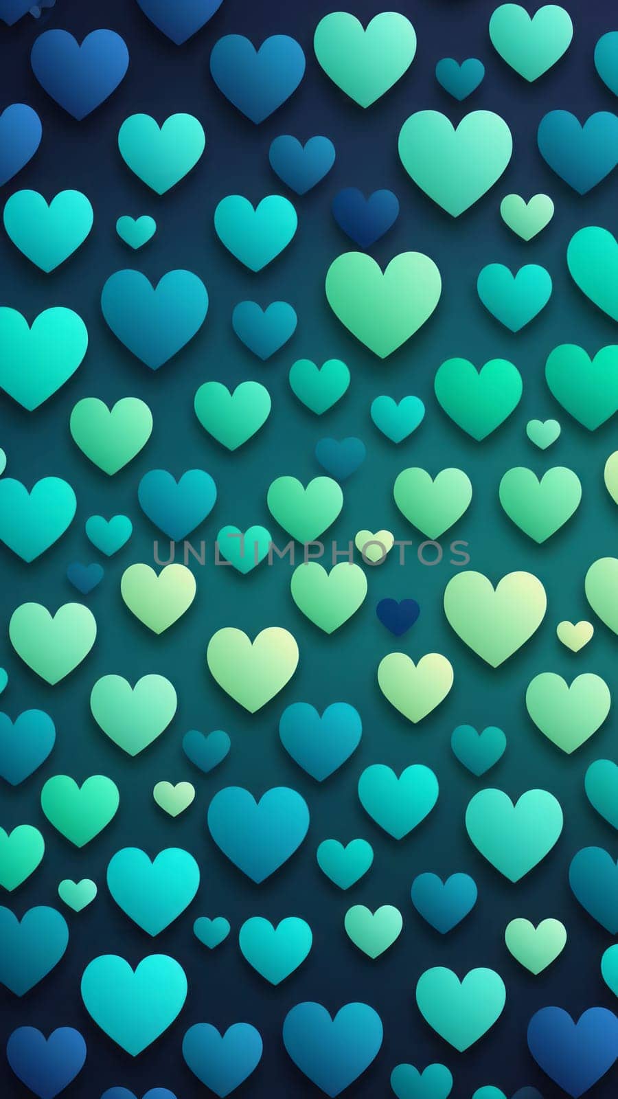 A gradient wallpaper with Heart shapes using navy and seagreen gradient colors. Generative AI.