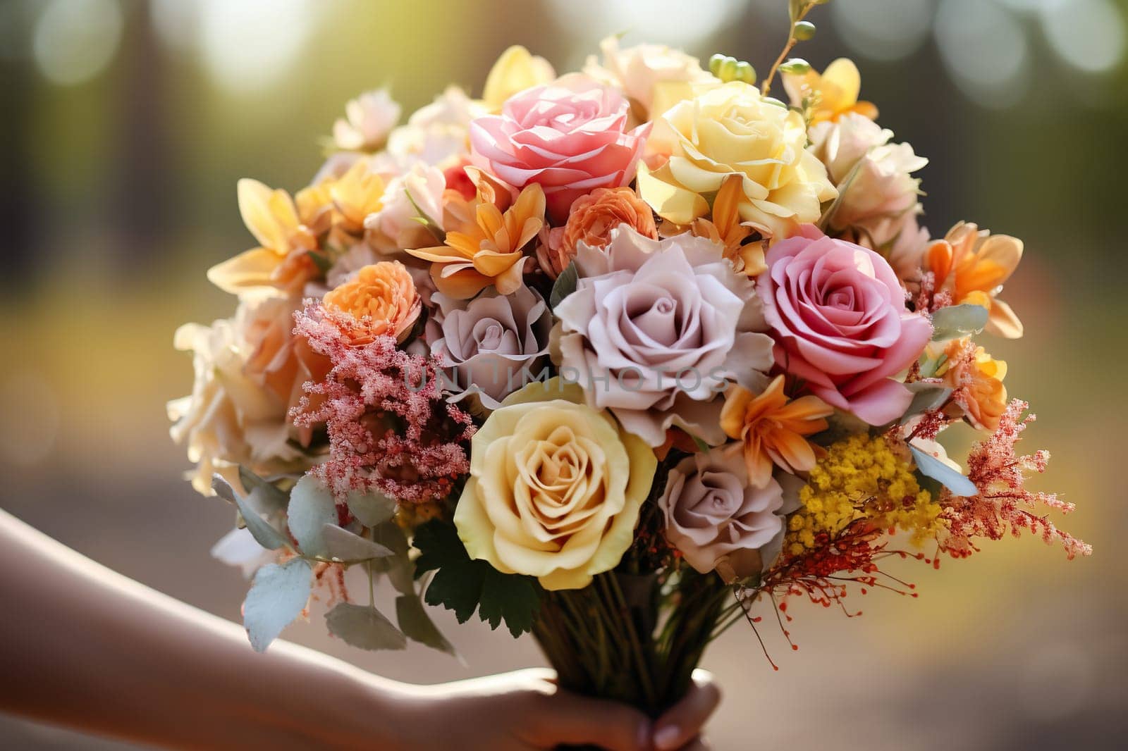 A beautiful bouquet with roses of different colors and decorative branches in a woman’s hand close up.