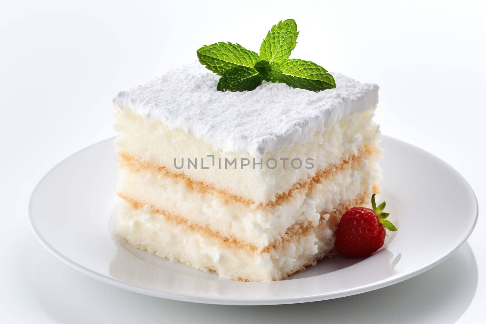 A piece of white cake with fresh mint and raspberries lies on a plate.