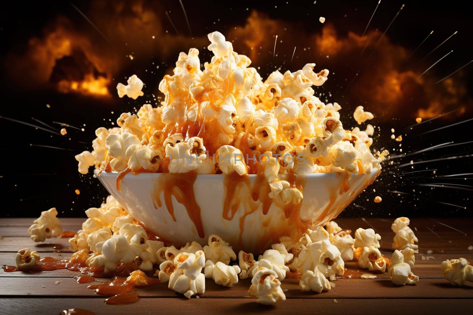 A pile of popcorn with caramel in a white bowl.