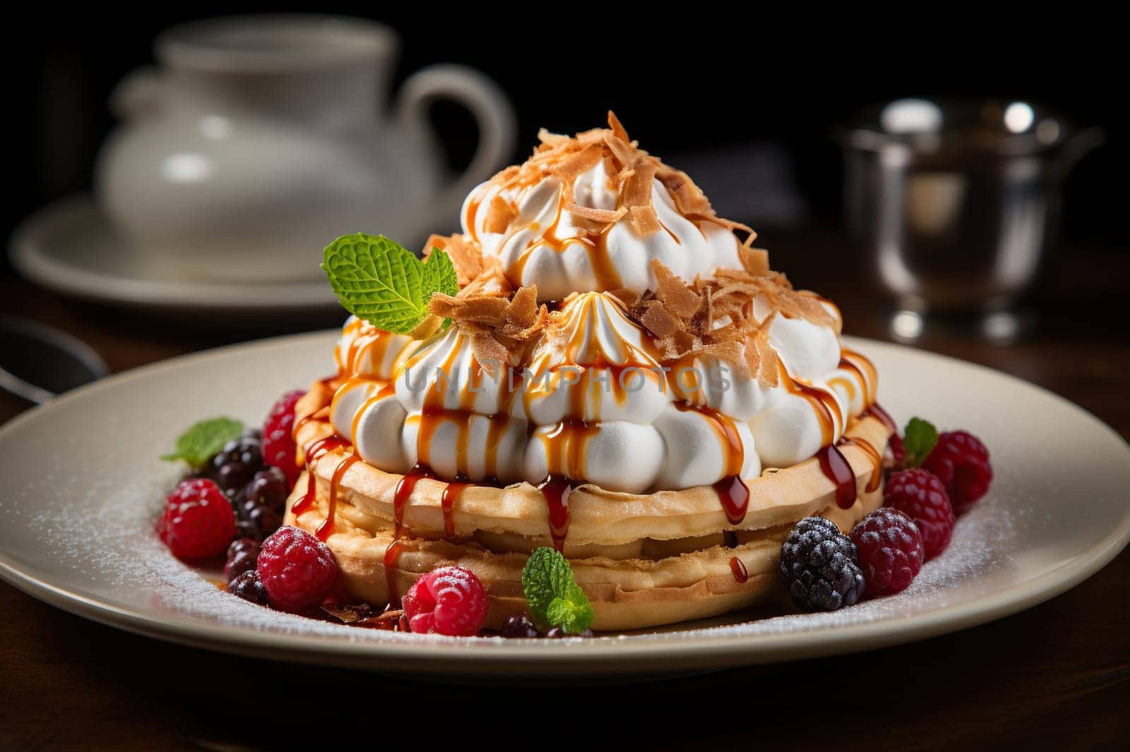 Exquisite dessert on a large black plate with caramel and fresh berries.