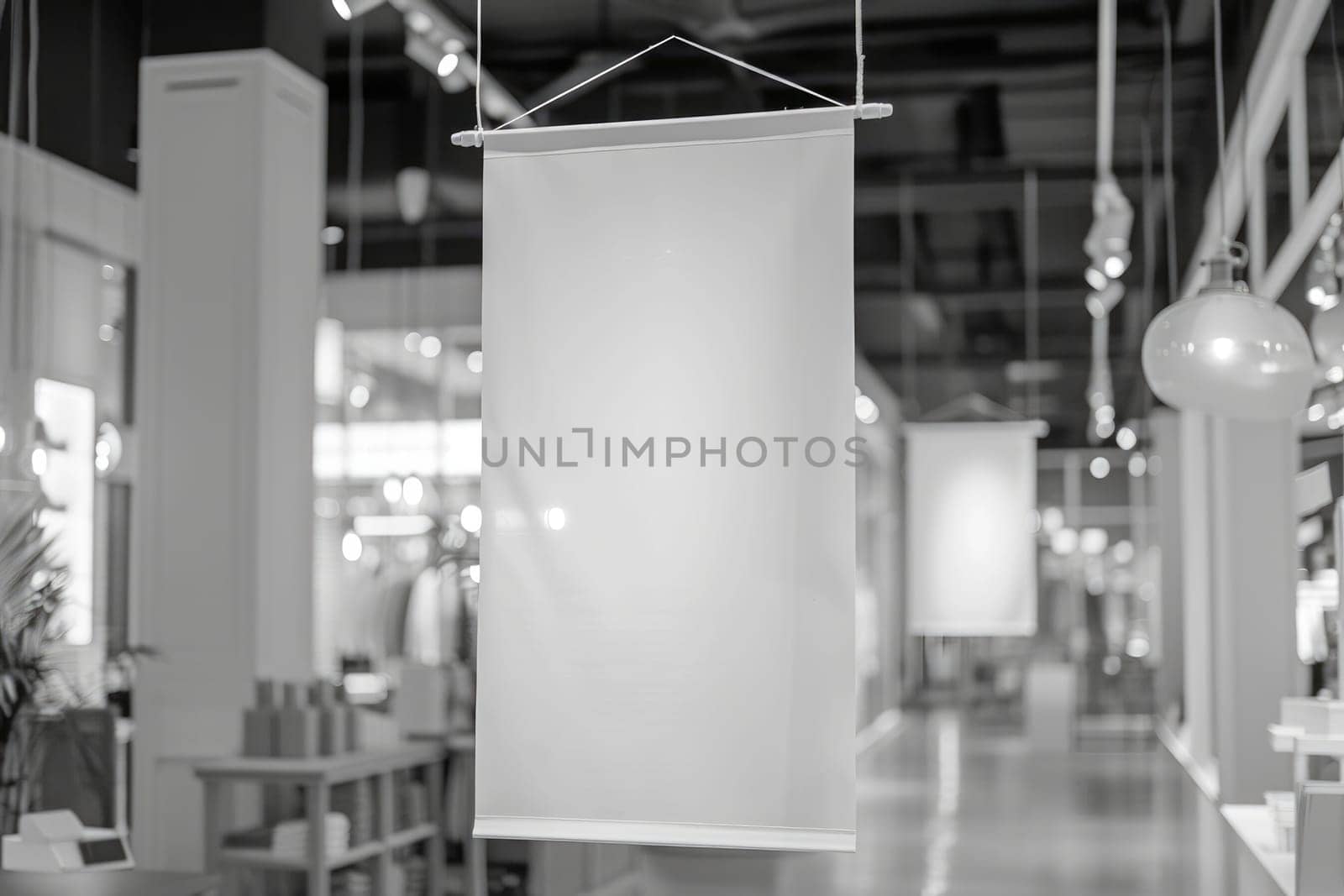 Mockup Hanging banner with store background. Advertising concept. Generative AI.
