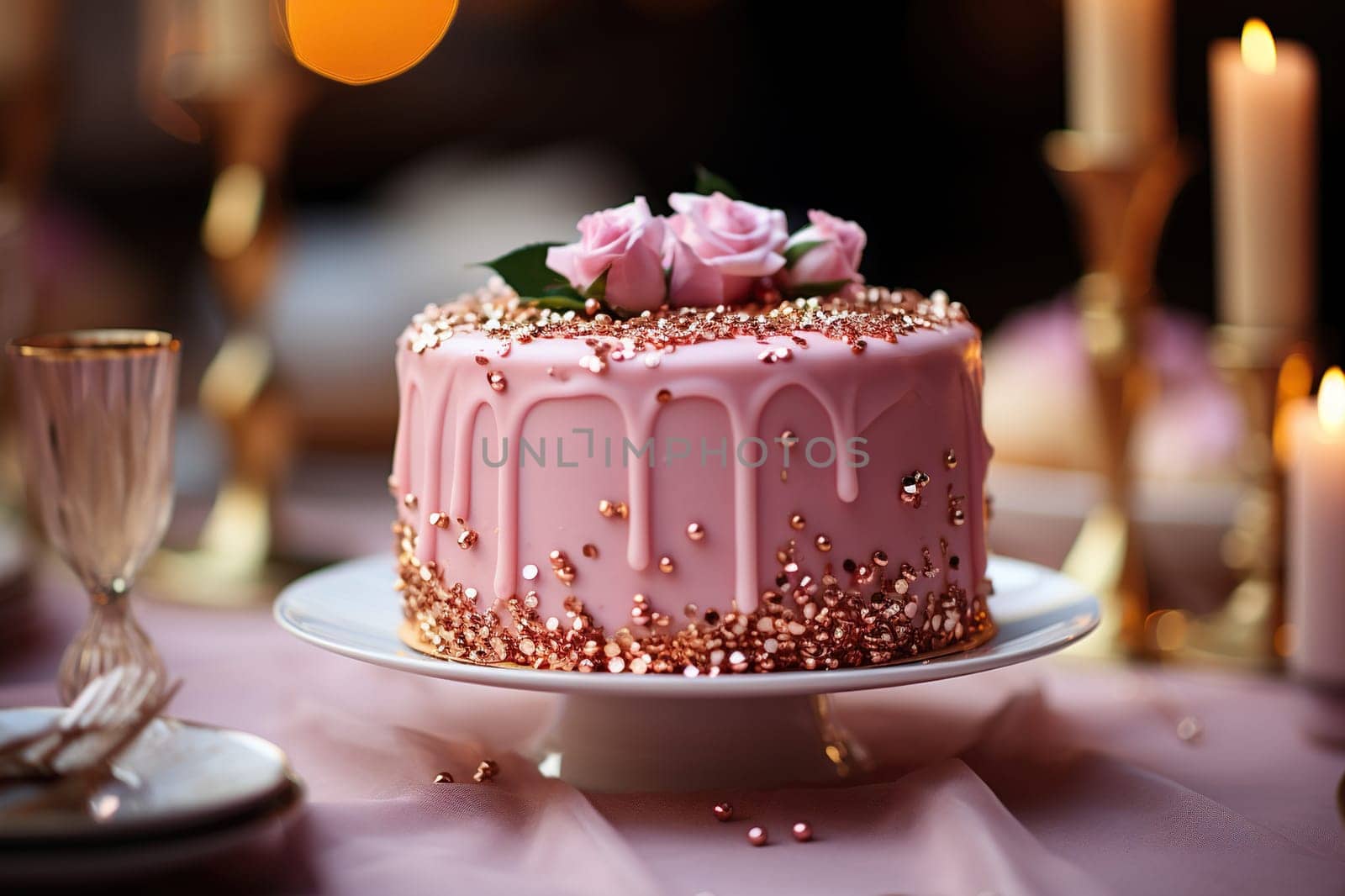 Festive pink cake decorated with gold and fresh flowers.