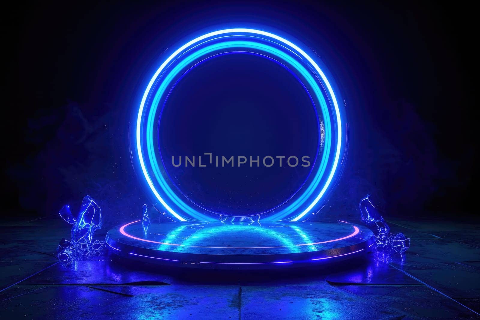 Hologram portal podium. Advertising concept. Generative AI by itchaznong
