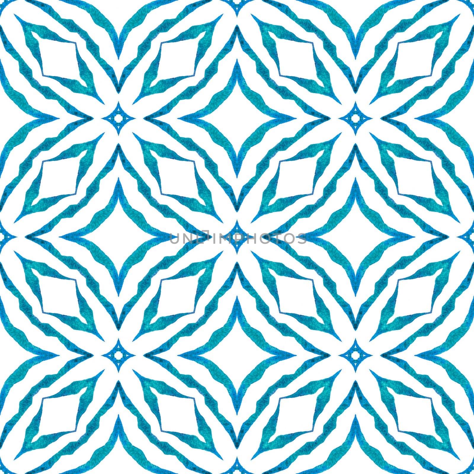 Ikat repeating swimwear design. Blue unique boho chic summer design. Textile ready juicy print, swimwear fabric, wallpaper, wrapping. Watercolor ikat repeating tile border.