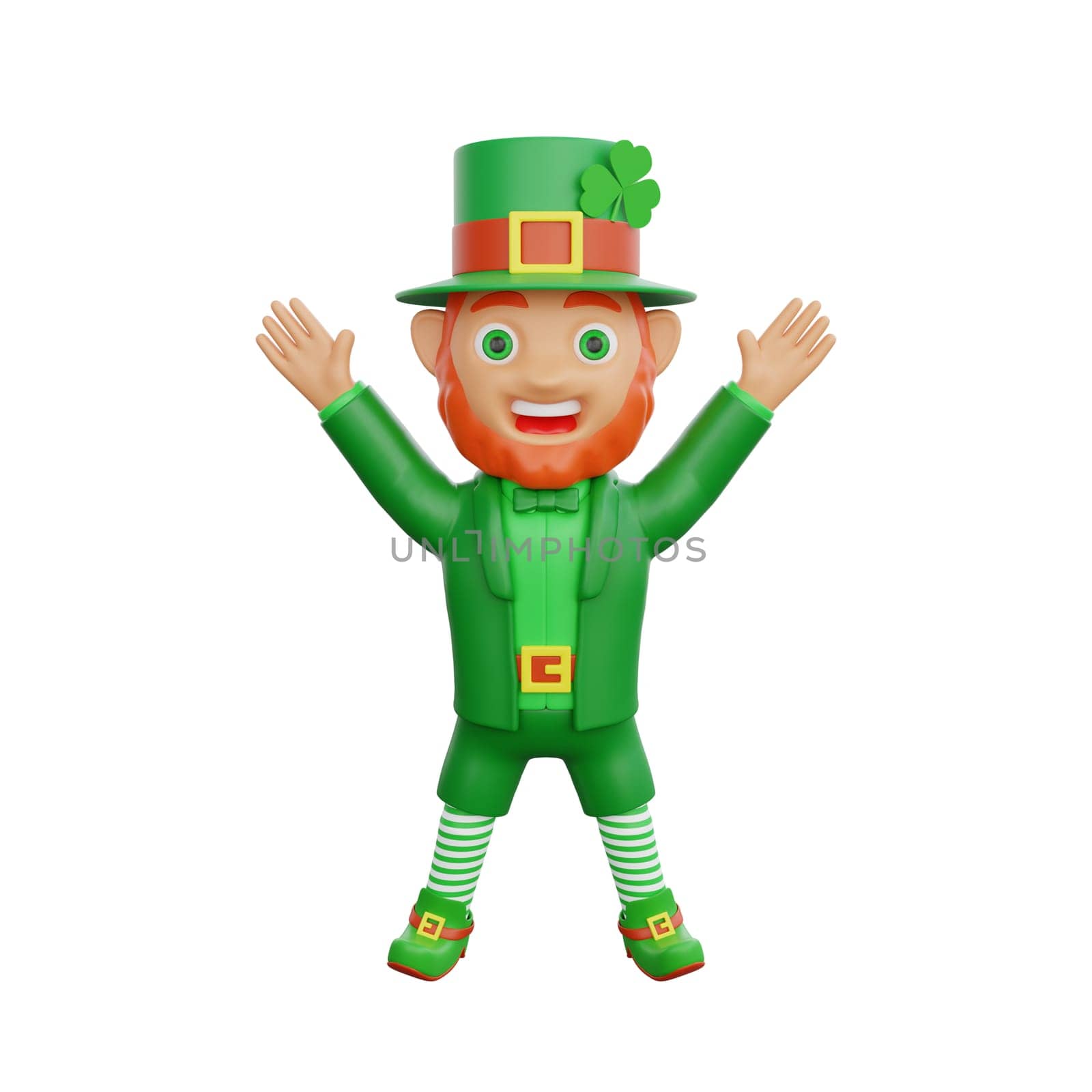 3D illustration of a cheerful leprechaun, leaping joyfully, celebrating St. Patrick’s Day, perfect for St. Patrick's Day themed projects