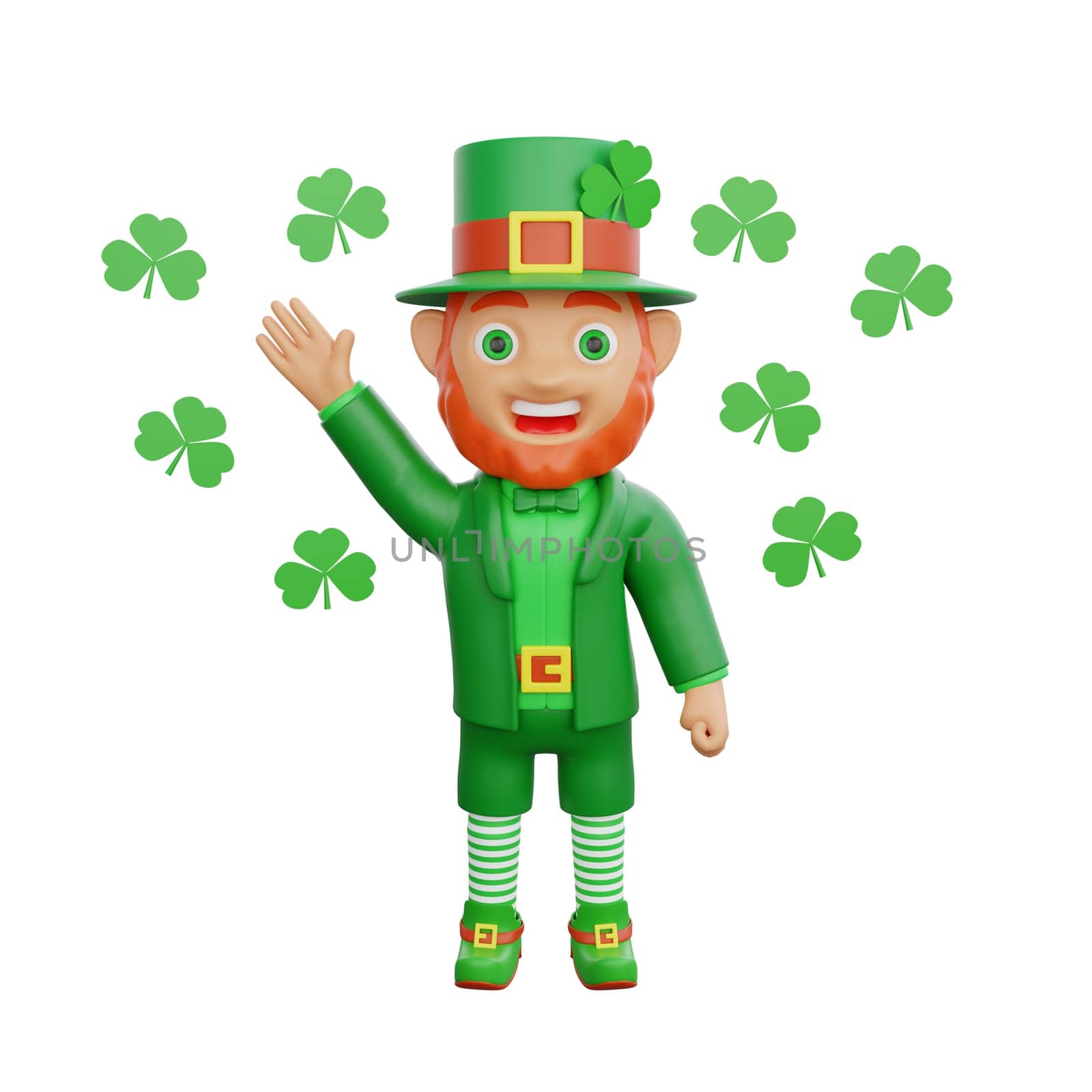 3D illustration of a joyful leprechaun waving while surrounded by clover leaves, perfect for St. Patrick's Day themed projects