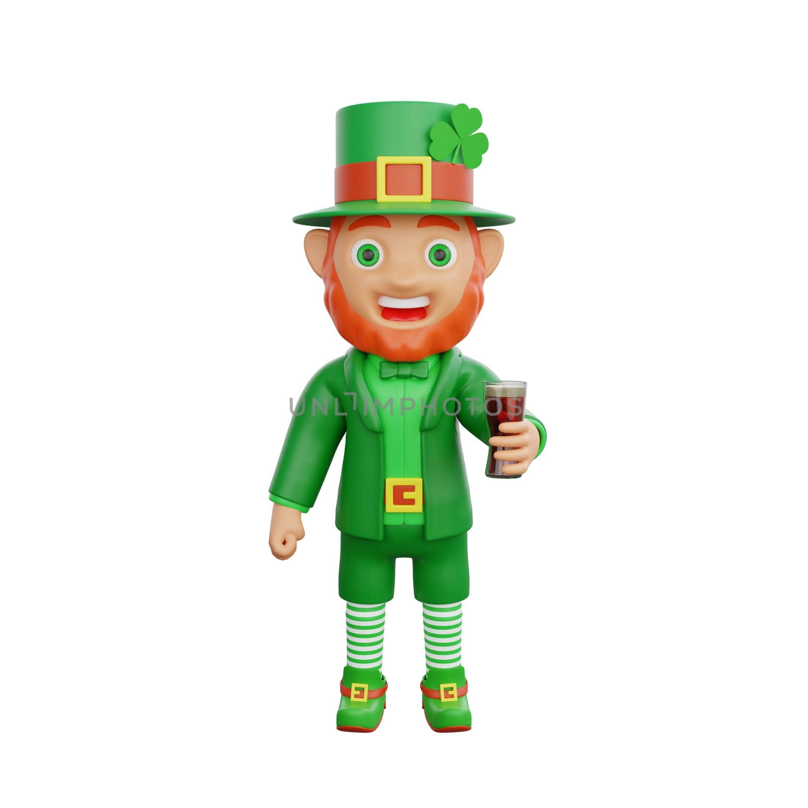3D illustration of St. Patrick's Day character leprechaun holding glass of frothy beer